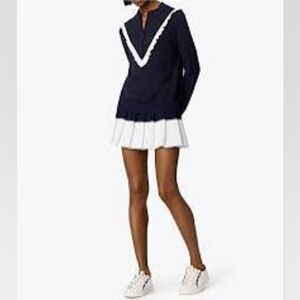 Tory Sport Performance Cashmere Navy Half Zip Sweater w/Ruffle Trim, Size L